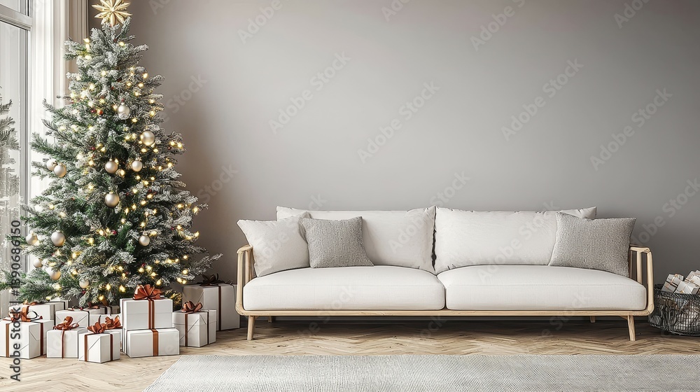 Naklejka premium Cozy Scandinavian-Style Living Room Decorated for Christmas Festive Tree, Gift Boxes and Stylish Black Sofa with Wall Mockup