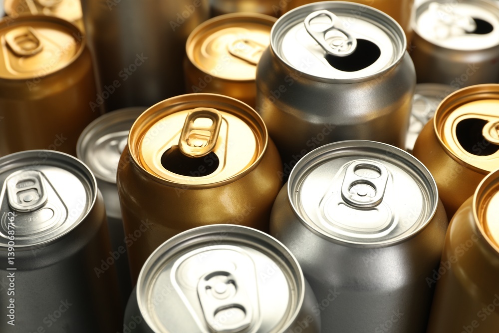 Many different tin cans as background, closeup