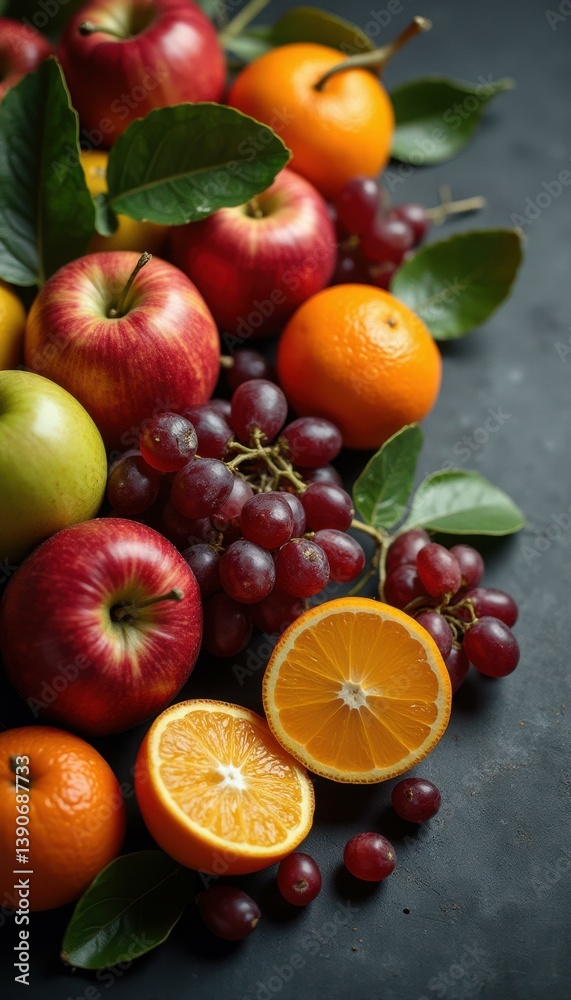 Fresh Fruit Still Life Featuring Apples, Oranges, and Grapes on a Dark Background Fresh Fruit Still Life Featuring Apples, Oranges, and Grapes on a Dark Background