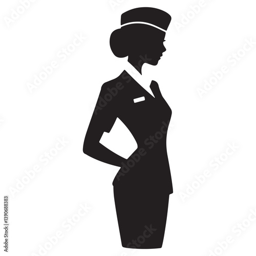 Black Silhouette of Flight Attendant with Thick Outline, Side View, Isolated on White Background