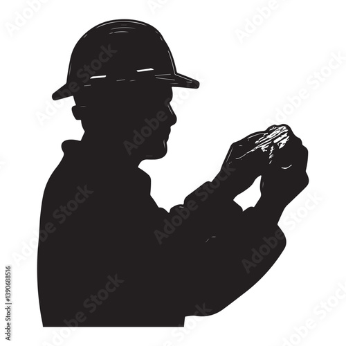 Black Silhouette of Geologist with Thick Outline, Side View, Isolated on White Background