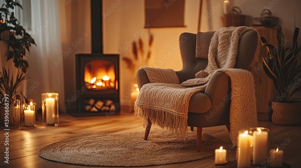 A rustic hygge living room space with wooden floors