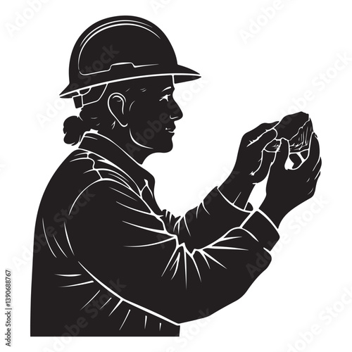 Black Silhouette of Geologist with Thick Outline, Side View, Isolated on White Background