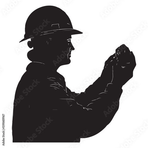 Black Silhouette of Geologist with Thick Outline, Side View, Isolated on White Background