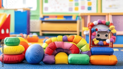 Colorful playroom toys on blue carpet in kindergarten classroom