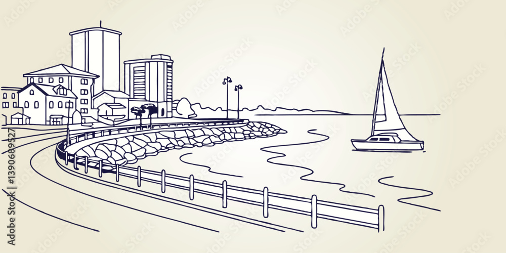 Obraz premium Chula Vista skyline, incorporating the marina and scenic bayfront in a smooth one-line drawing style.