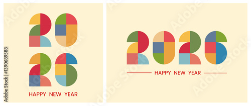 Set of Happy New Year 2026 Abstract Geometric Text Design Colorful numbers made of geometric shapes with text. Notebook cover, brochure design template, postcard, banner. Isolated Vector EPs10