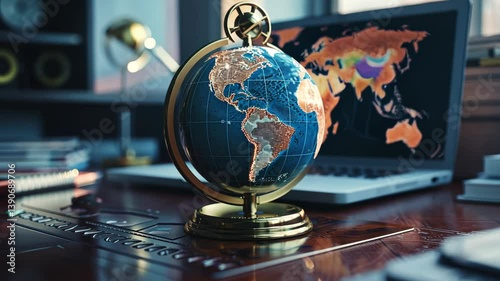 Globe sits on a desk next to a laptop
