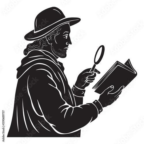Black Silhouette of Historian with Thick Outline, Side View, Isolated on White Background