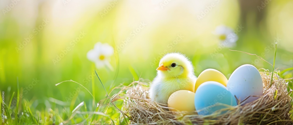 Chick hatching among colorful eggs in a nest