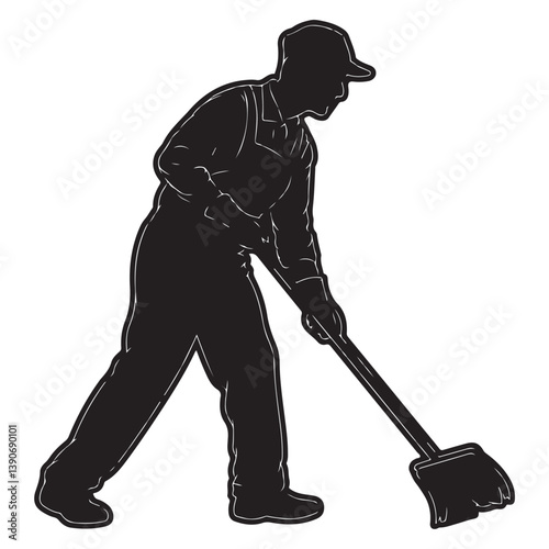 Black Silhouette of Janitor with Thick Outline, Side View, Isolated on White Background