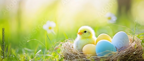 Obraz na płótnie Chick hatching among colorful eggs in a nest w salonie