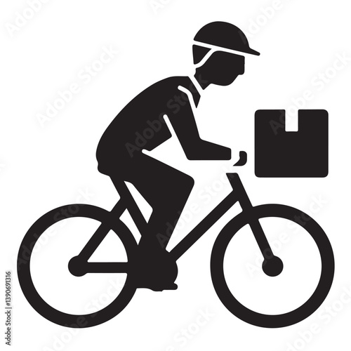 Black Silhouette of Delivery Person with Bicycle, Thick Outline, Side View Isolated on White Background