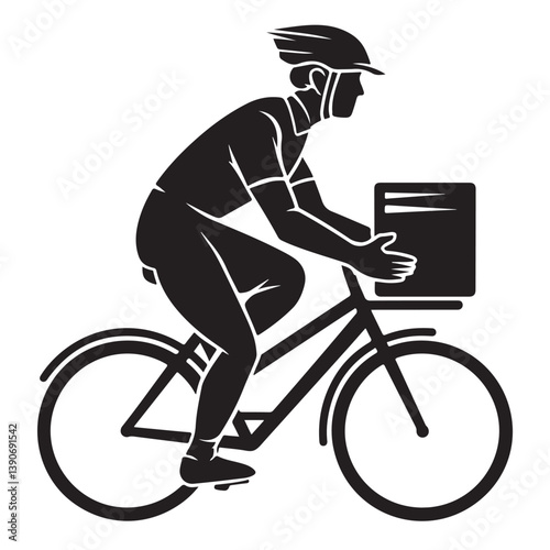 Black Silhouette of Delivery Person with Bicycle, Thick Outline, Side View Isolated on White Background