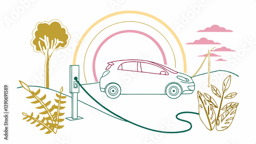 Electric car at charging station in colorful line art landscape, AI Generation