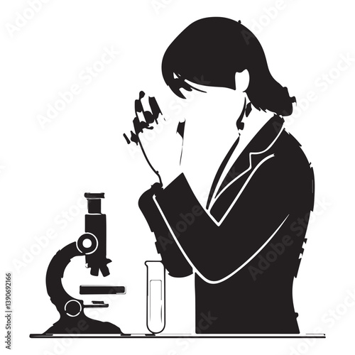 Black Silhouette of Biologist with Thick Outline, Side View on White Background

