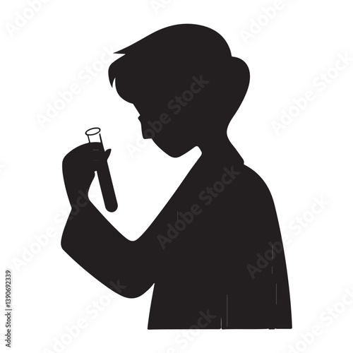 Black Silhouette of Biologist with Thick Outline, Side View on White Background

