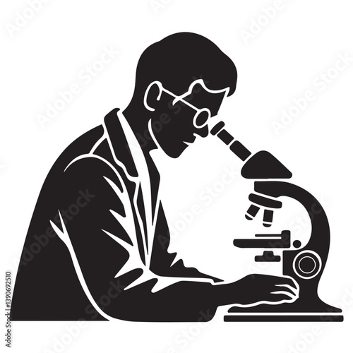 Black Silhouette of Biologist with Thick Outline, Side View on White Background

