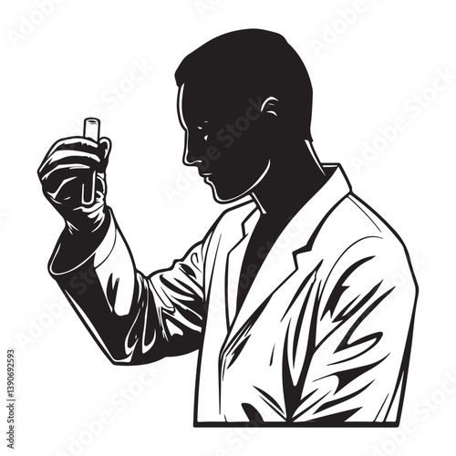 Black Silhouette of Biologist with Thick Outline, Side View on White Background

