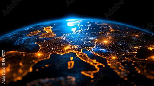 Stunning satellite view of Europe illuminated at night. This vibrant image showcases the intricate network of cities and highways, highlighting the beauty of our planet from space.