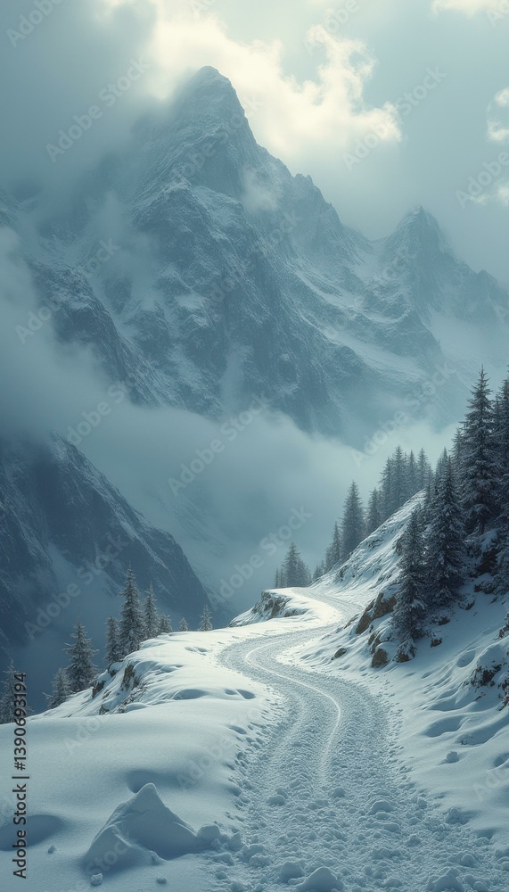 Fototapeta premium Serene Alpine Vista: Snow-Covered Path Winding Through Majestic Mountains and Towering Pines in Winter