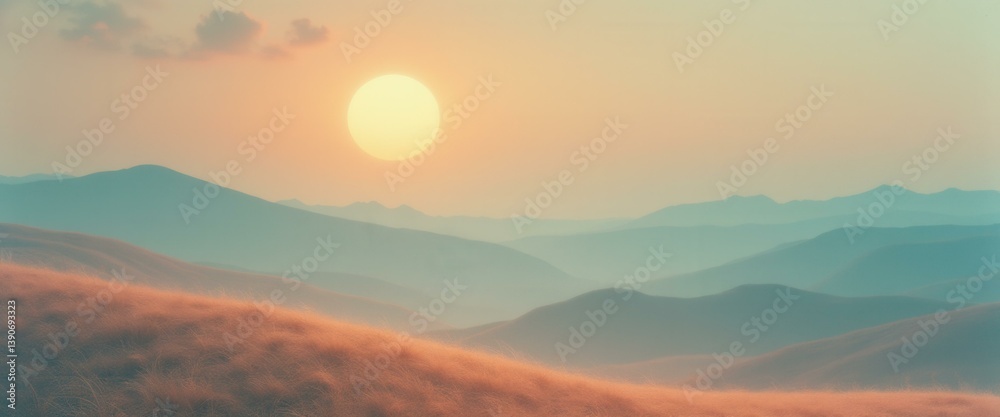 Obraz premium Ethereal sunrise over rolling hills covered with golden grass