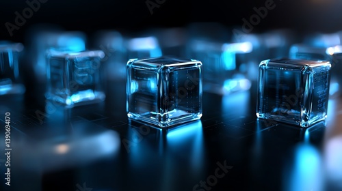 A close-up view of glistening ice cubes, reflecting light against a dark background