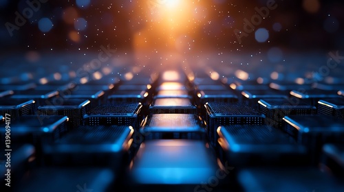 A close-up view of a modern keyboard illuminated by soft lighting, showcasing the texture and design of the keys against a bokeh background, perfect for tech-oriented projects.