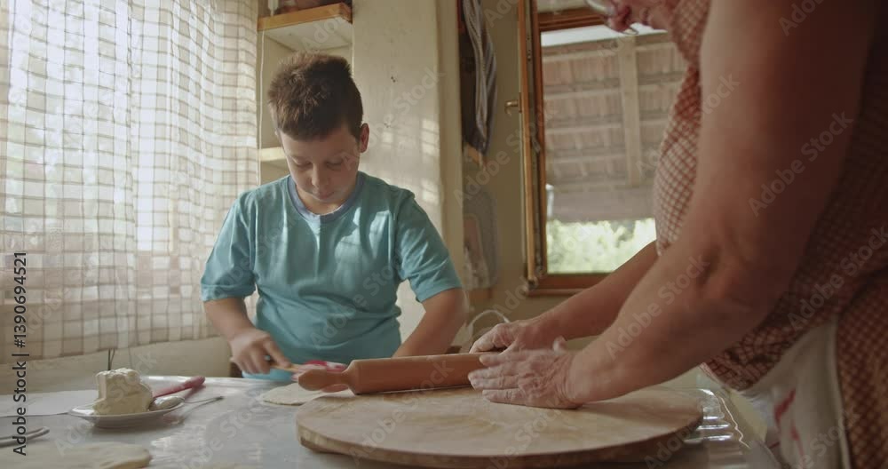 Grandmother and Grandson Making Flat bread Together in a Rustic Kitchen: A Heartwarming Scene of Family Tradition and Culinary Skill