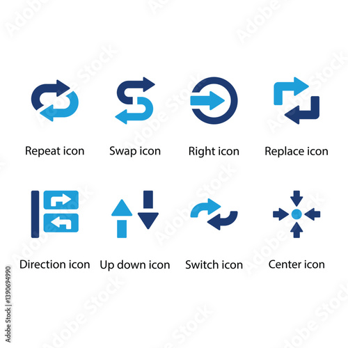 Repeat, Swap, Right, Replace, Direction, Up down, Switch, Center, Blue Icon Set