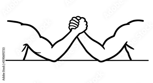 Arm wrestling competition between two muscular arms -Monochrome vector illustration of Arm wrestlers in a fight bold black outlines,  flat icon style, minimal detail, white background, sketch ink draw