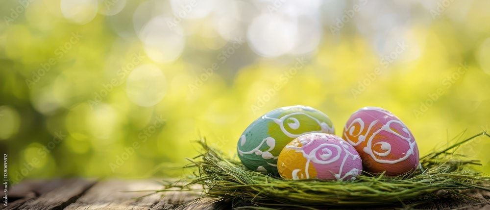 Colorful Easter eggs on green grass nest