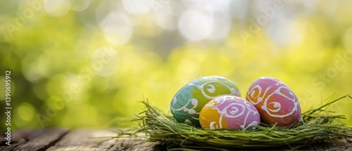 Obraz na płótnie Colorful Easter eggs on green grass nest w salonie