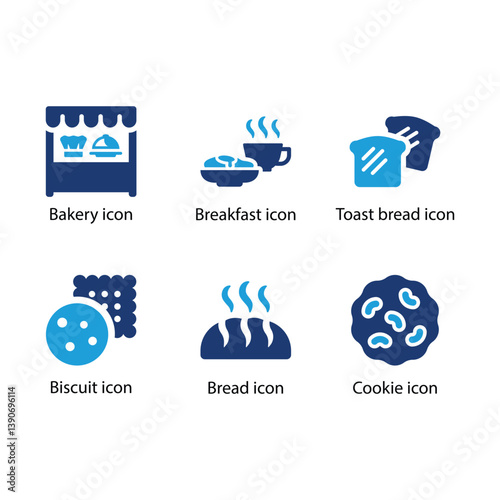 Bakery, Breakfast, Toast bread, Biscuit, Bread, Cookie, Blue Icon Set