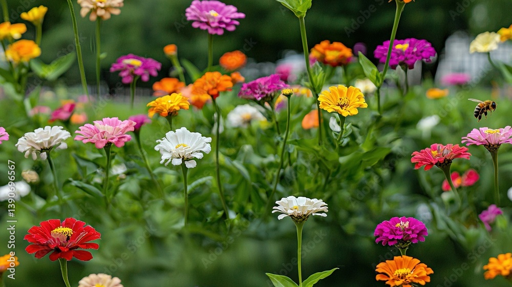 A vibrant floral field with a bee buzzing between blossoms A vibrant floral field with a bee buzzing between blossoms