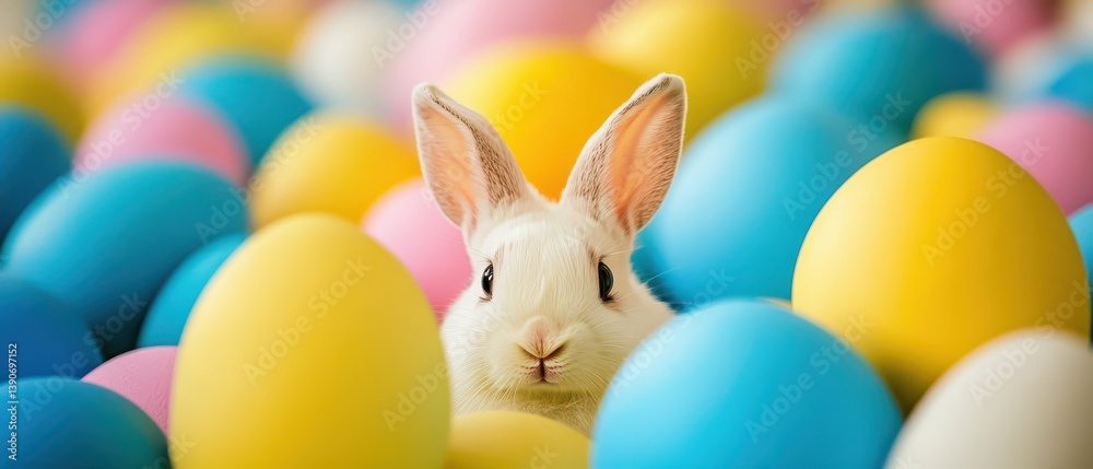 Cute white rabbit among colorful Easter eggs