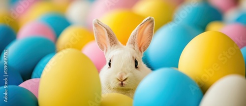 Cute white rabbit among colorful Easter eggs