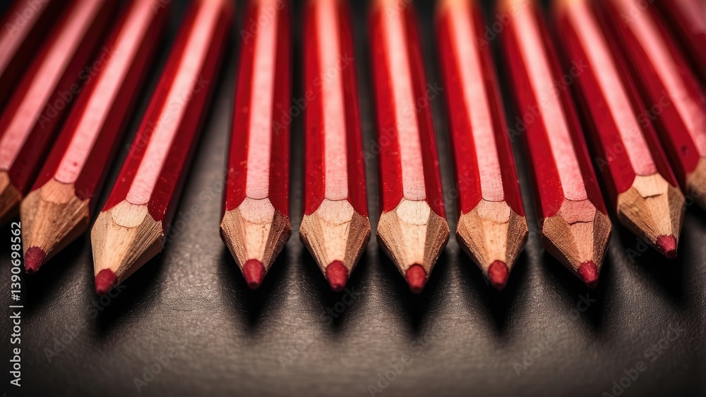 A close-up of several red and black pencils arranged in a diagonal line A close-up of several red and black pencils arranged in a diagonal line