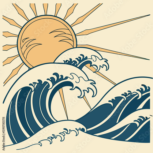 Sun partially hidden behind ocean waves
