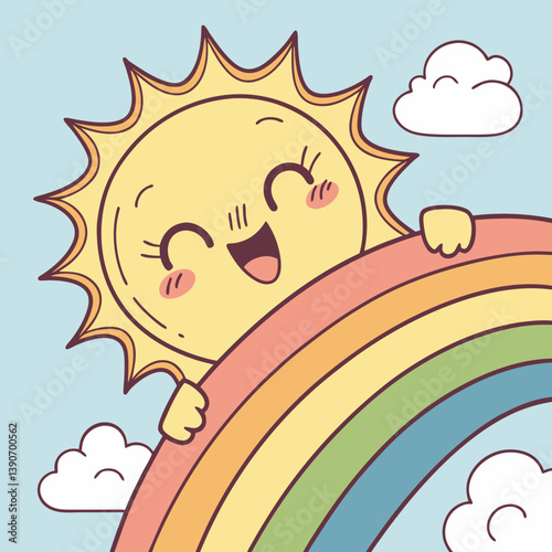 Kawaii sun holding a rainbow and winking