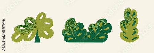 Set of stylized cartoon trees and bushes in flat vector style. Green foliage elements isolated on light background. Nature and landscape design concept for template, print and wallpaper