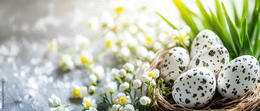 Decorated eggs in a spring floral arrangement