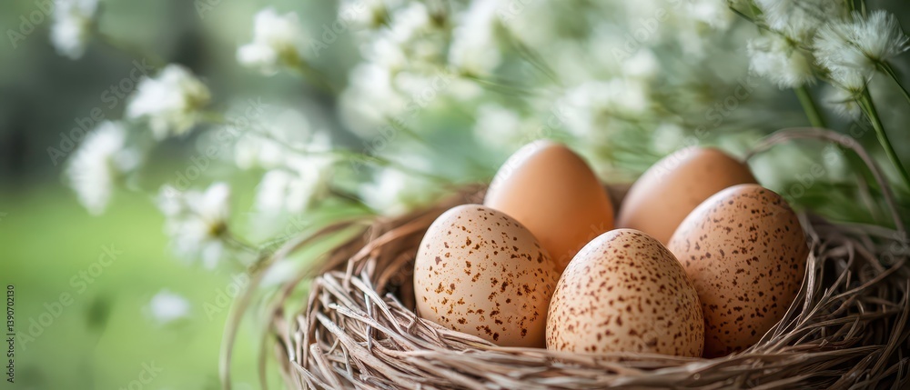 Nest filled with speckled eggs in spring garden