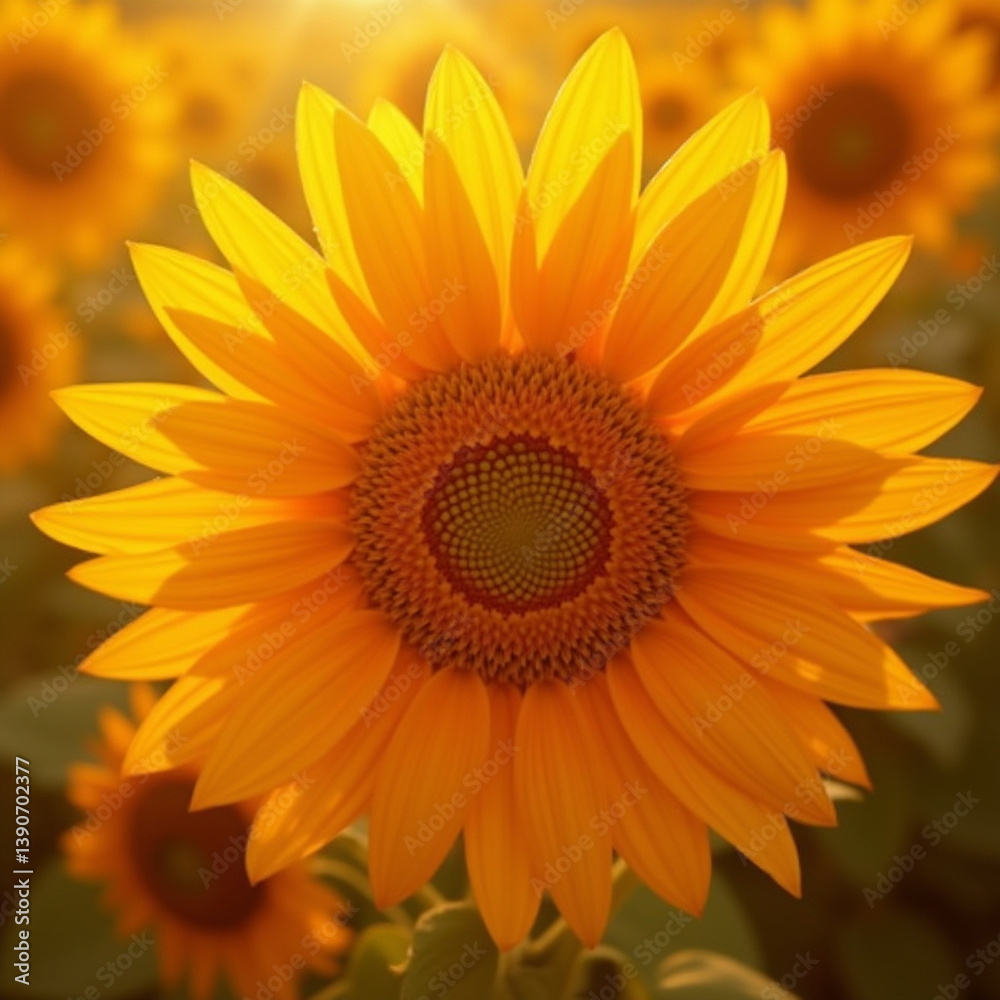 Fototapeta premium Close-up of a vibrant sunflower in a sunny field, radiating with golden petals.