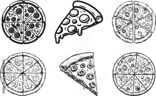 Delicious Pizza Slices and Whole Pizzas Illustration