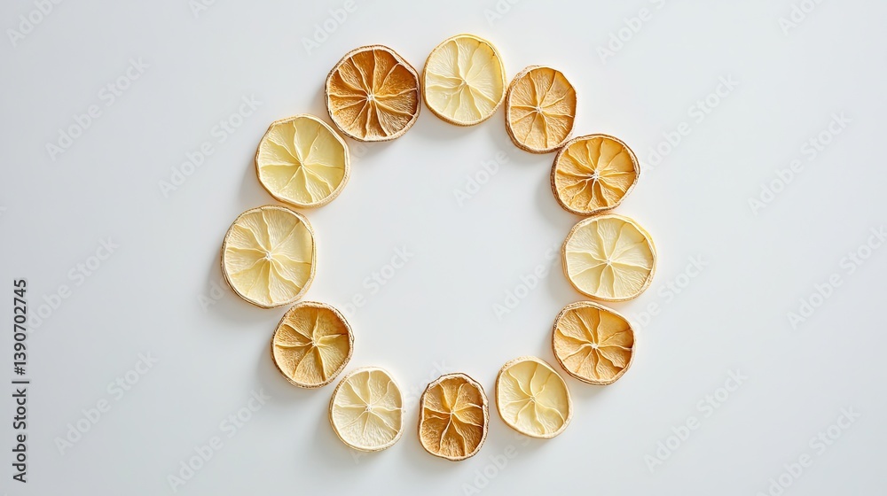 A symmetrical arrangement of alternating dried apple slices and dried lemon rings placed in a circular pattern on a clean white surface