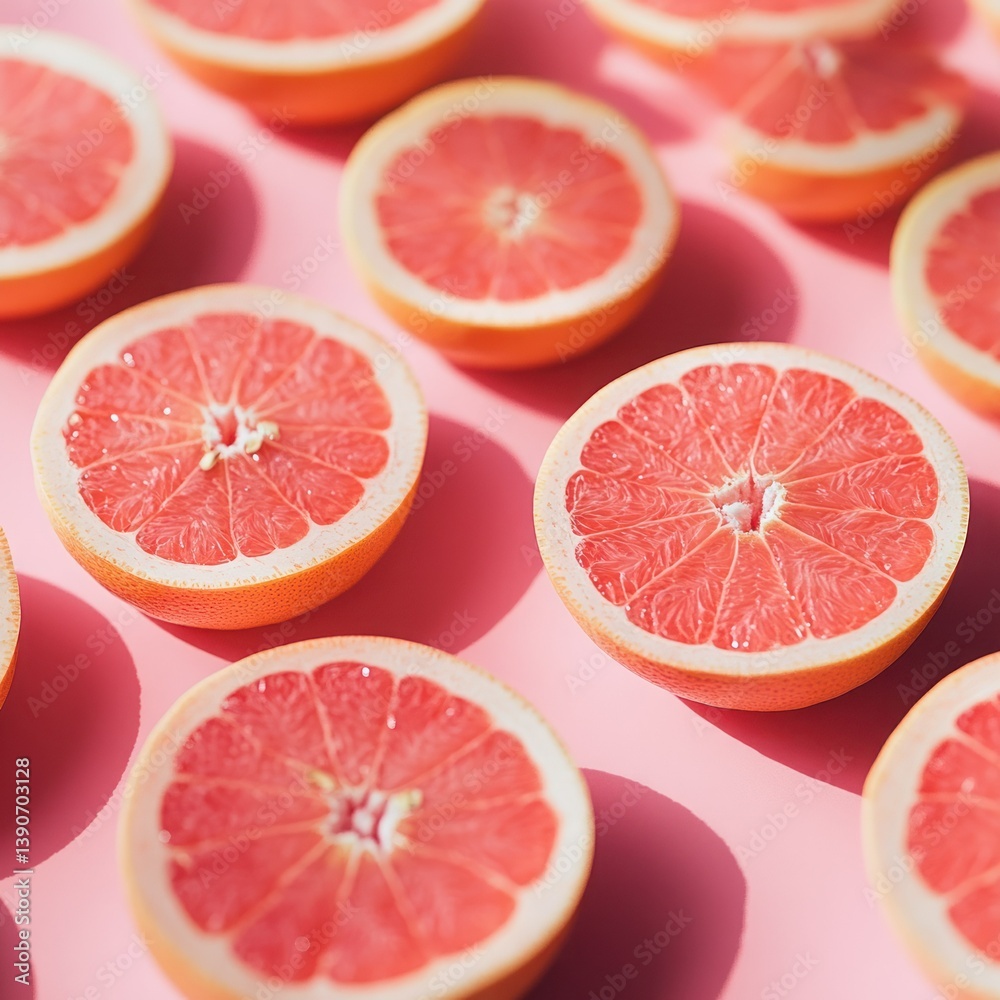 Pink grapefruit slices arranged on a pink background, bright sunlight. Possible use health, wellness, diet, food photography Pink grapefruit slices arranged on a pink background, bright sunlight. Possible use health, wellness, diet, food photography