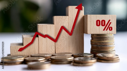 Wooden Cubes with Percentage Sign Beside Stacked Coins and Red Downward Trending Graph on White Background - Economic Crisis, Recession, Inflation and Financial Loss Concept