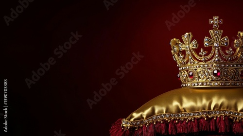 Regal Golden Crown Adorned with Jewels on Luxurious Golden Pillow Against Rich Red Background - Emblem of UK Monarchy with Generous Left-Side Copy Space