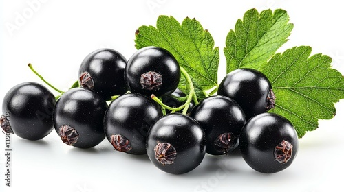 Isolated Black Currant Berries with Green Leaves on White Background